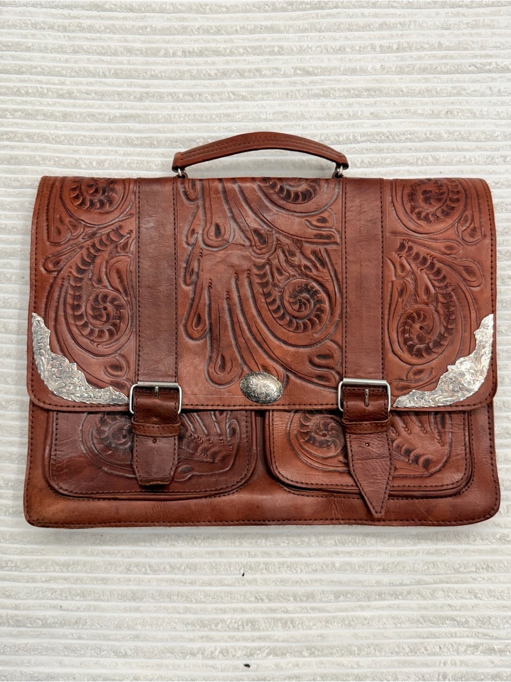 Vintage Hand-Tooled Brown Leather Briefcase with Silver Accents